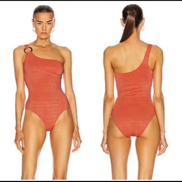 Solid & Striped One Piece Shimmer Orange One Shoulder Swimsuit New Womens Large - Picture 3 of 4
